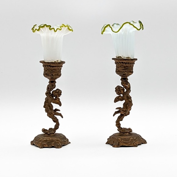 Antique Cherub Candle Holders Gilt Bronze w Hand Blown Ruffled Glass Green Rim - Picture 7 of 13